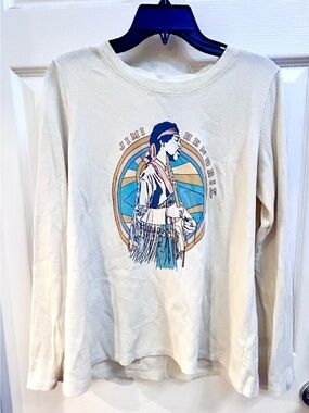 Lucky Brand Cream Long Sleeve Waffle-knit Top w/ Jimi Hendrix Graphic